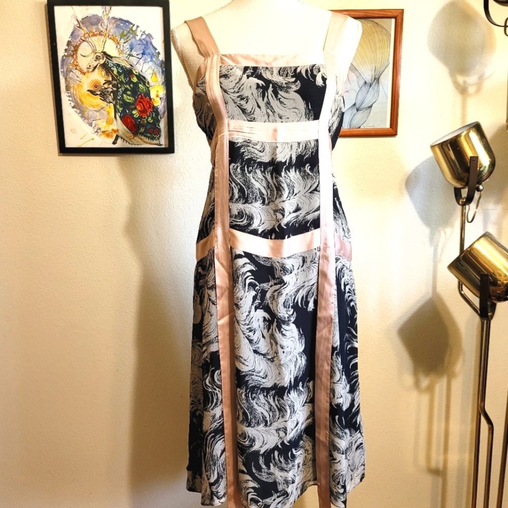 Earl Jeans Dress in Navy with Flowing Pink Ribbon